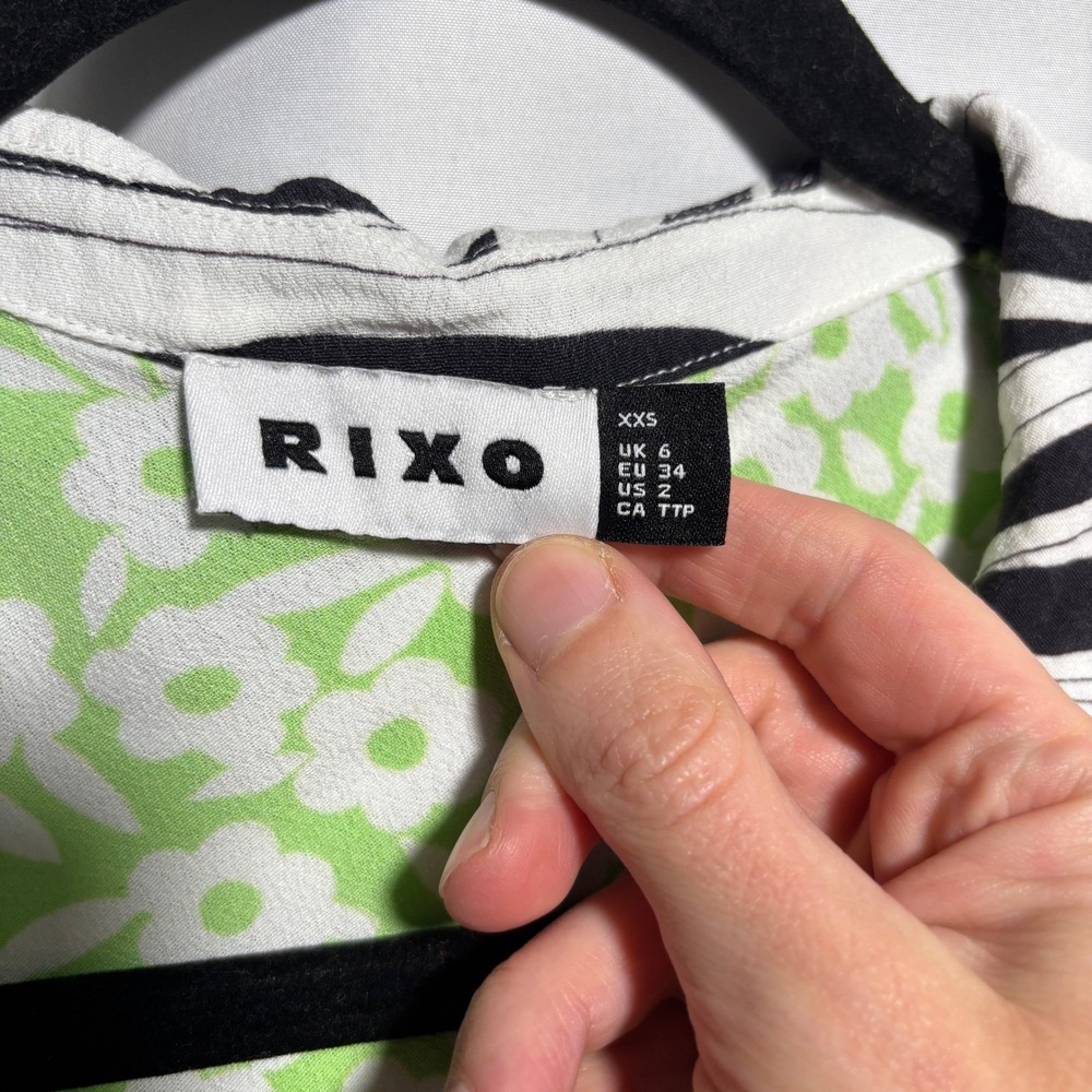 RIXO London Mia Dress Green Retro Micro Floral Swirl Size 2 Shirt Dress - Picture 5 of 11
